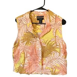 Tahari linen floral sleeveless top women L European grown flax pink green beach